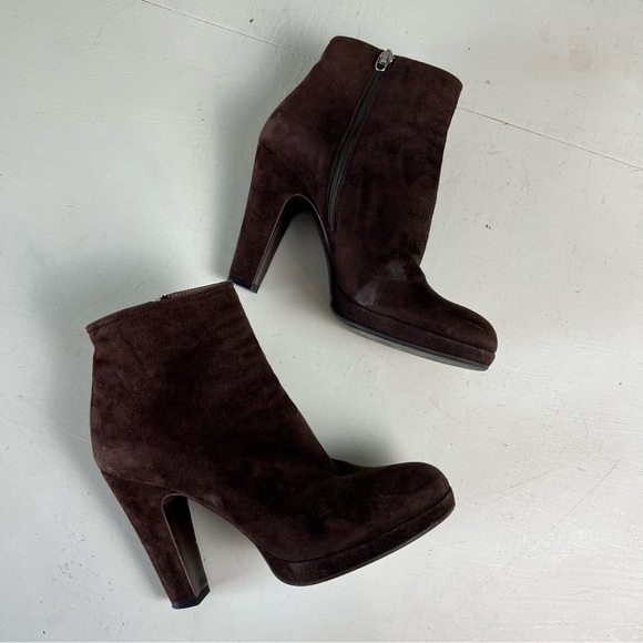 MIU MIU- Suede Booties Brown Heeled Designer Classic Leather Ankle - Picture 2 of 9